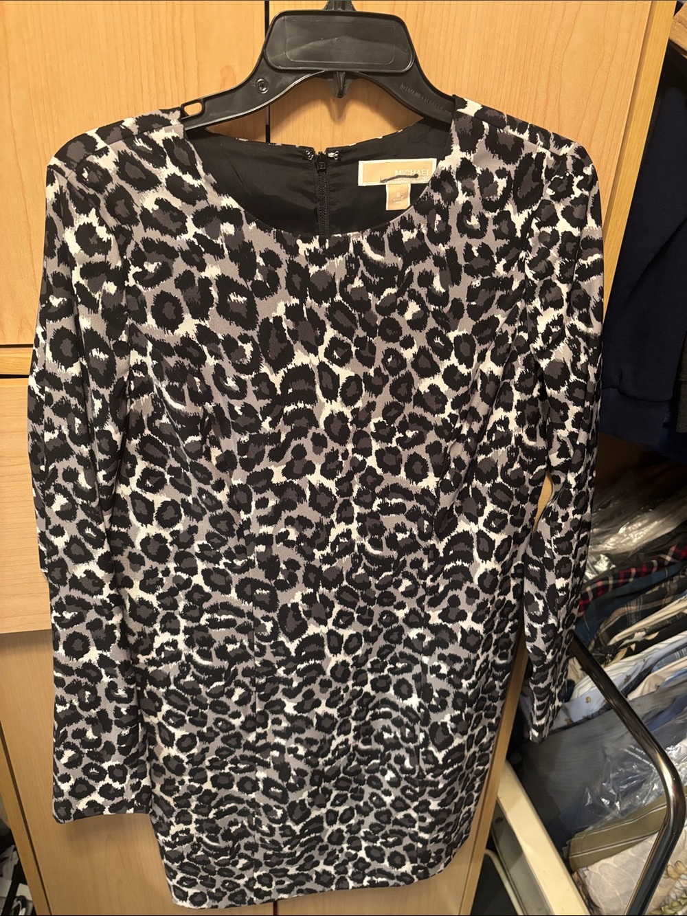 MICHAEL Michael Kors Black and White Leopard-Print Long Sleeve Sheath Dress